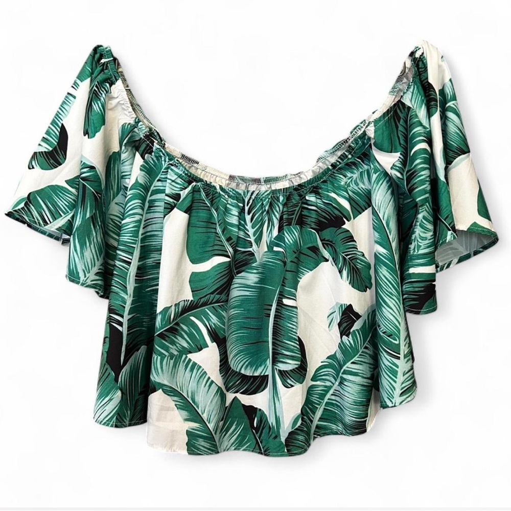 Tropical Green Leaf Print Off-Shoulder Blouse